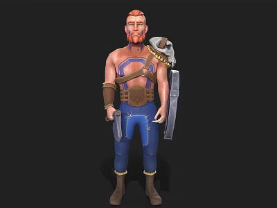 Shirtless Warrior Man With Red Hair Beard Blue Pants And Arm Guards Carrying Weapon 3d model