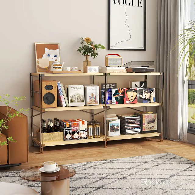 Modern Metal Frame Wooden Shelf with Books Decor Records and Bottles in Living Room 3d model 
