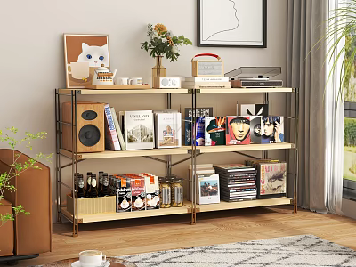 Modern Metal Frame Wooden Shelf with Books Decor Records and Bottles in Living Room 3d model