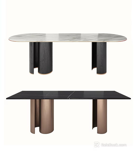 Contemporary Dining Table Design Featuring Oval Marble And Rectangular Black Tops With Black Copper Legs 3d model 