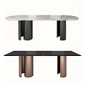 Contemporary Dining Table Design Featuring Oval Marble And Rectangular Black Tops With Black Copper Legs