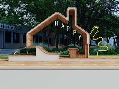 House Shaped Wooden Landscape Seat With HAPPY Lettering And Surrounding Green Trees 3d model