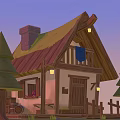 Cartoon Scene of Waterfront Wooden Cabin With Thatched Roof Lanterns Life Preserver and Dock