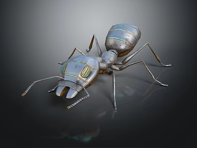 Futuristic Mechanical Ant With Metallic Body And Blue Accents On Dark Reflective Surface 3d model