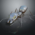 Futuristic Mechanical Ant With Metallic Body And Blue Accents On Dark Reflective Surface