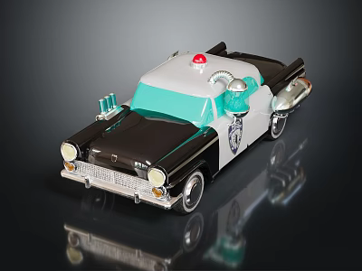 Retro Black White Toy Police Car With Red Siren Light And Reflective Surface 3d model