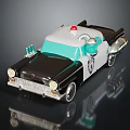 Retro Black White Toy Police Car With Red Siren Light And Reflective Surface