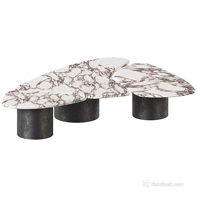 Modern Elegant Coffee Table With Marble Tabletop And Black Cylindrical Metal Legs 3d model 