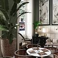 Elegant Restaurant with Large Black and White Botanical Paintings Green Walls White Wainscoting Rattan Furniture