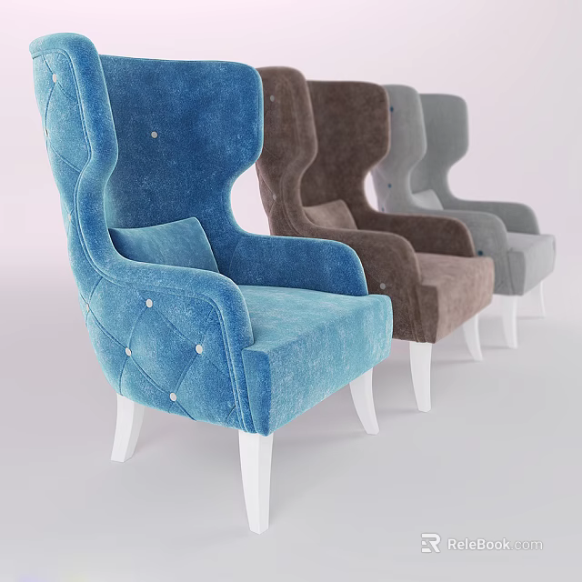 Velvet Tufted Wingback Accent Chair In Blue Brown Grey With White Wooden Legs 3d model 