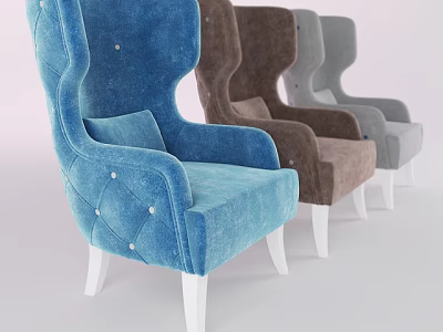 Velvet Tufted Wingback Accent Chair In Blue Brown Grey With White Wooden Legs 3d model
