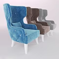 Velvet Tufted Wingback Accent Chair In Blue Brown Grey With White Wooden Legs