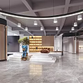 Modern Public Office Space With Open Layout Circular Lighting And Decorative Plants 3d model