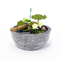 Natural Stone Circular Fish Tank With Lotus Leaves Flowers And Wooden Log In Clear Water