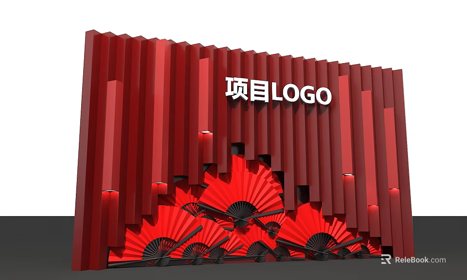 Project Logo Display Wall With Red Background And Fan Decorations 3d model 