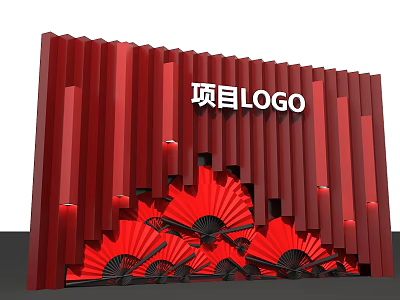 Project Logo Display Wall With Red Background And Fan Decorations 3d model