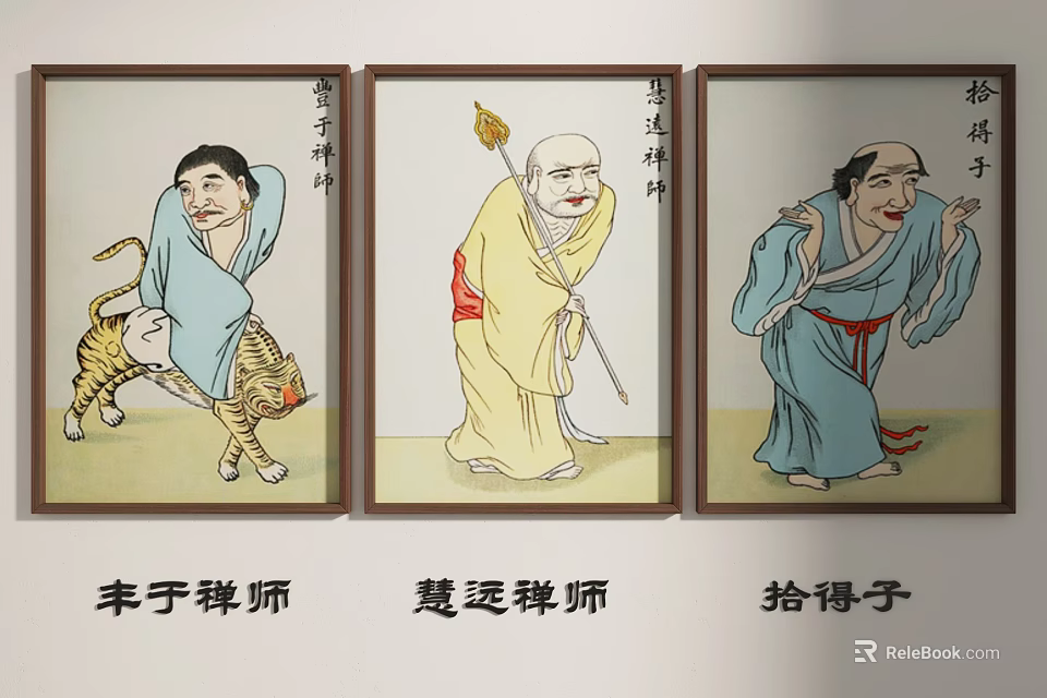 Traditional Chinese Figure Paintings of Three Historical Buddhist Monk Characters 3d model 