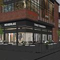 Modern Commercial Street With Red Brick Buildings Large Glass Windows Storefront Signs And Outdoor Seating