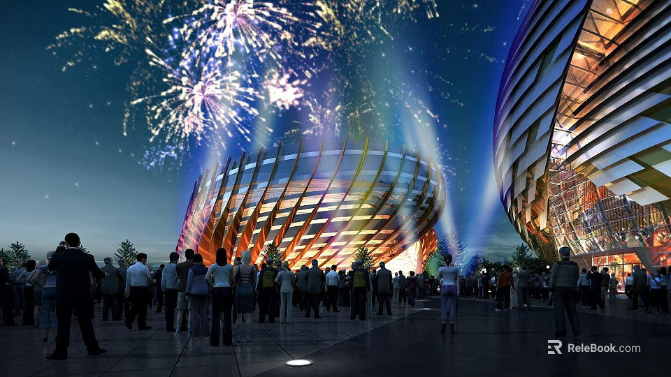 Stunning Night Urban Landscape With Fireworks Modern Curved Building And Crowd Gathering 3d model 