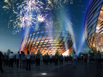 Stunning Night Urban Landscape With Fireworks Modern Curved Building And Crowd Gathering 3d model