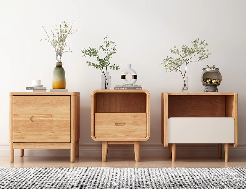 Modern Wooden Bedside Tables With Decorative Vases Plants And Drawer Design 3d model 