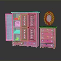 Pink Wardrobe With Open Door And Dresser Furniture Set Featuring Decorative Mirror And Drawers