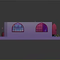 Vibrant Cartoon Room 3D Layout With Colorful Furniture Sofa Table And Stained Glass Arched Windows