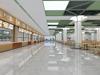 Modern Cafeteria Interior With Long Counters Tables Chairs Marble Floor And Bright Lighting 3d model