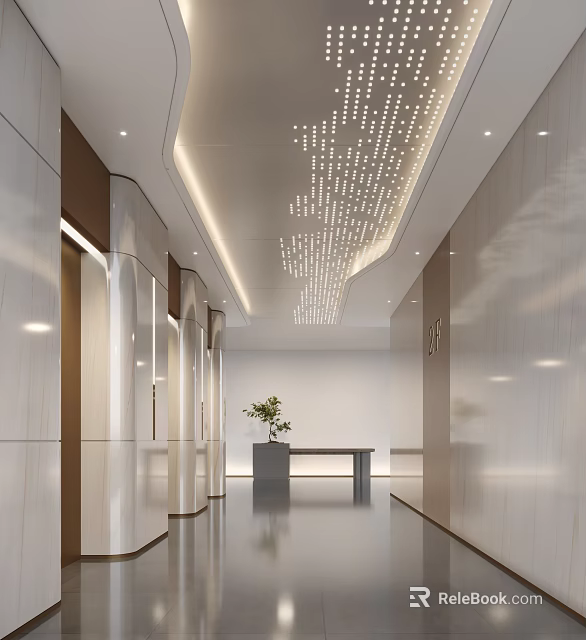 Modern Elevator Corridor With Stylish Ceiling Lights And Decor 3d model