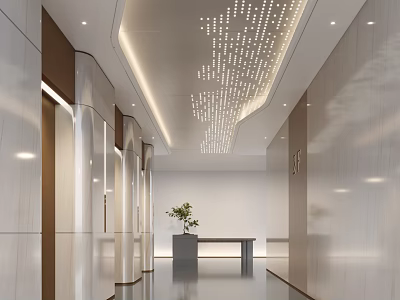 Modern Elevator Corridor With Stylish Ceiling Lights And Decor 3d model