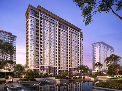 Modern High Rise Residential Building With Landscaped Garden Water Pool And Evening Sky 3d model