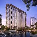 Modern High Rise Residential Building With Landscaped Garden Water Pool And Evening Sky