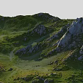 Natural Mountain Range With Green Grassy Slopes And White Rocky Peaks In Rolling Terrain