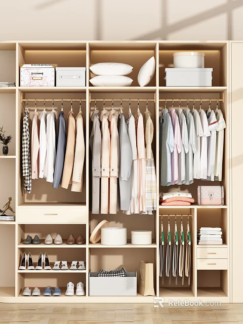 Modern Organized Wardrobe Design With Hanging Clothes Drawers And Storage Shelves 3d model 