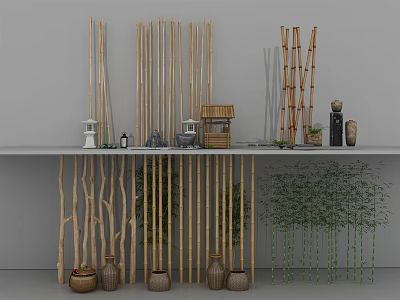 Vertical Bamboo Partition With Decorative Lanterns Woven Baskets And Green Plants 3d model