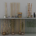 Vertical Bamboo Partition With Decorative Lanterns Woven Baskets And Green Plants 3d model