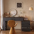 Stylish Wooden Dressing Table With Round Mirror Open Drawers Cosmetics Chair And Table Lamp