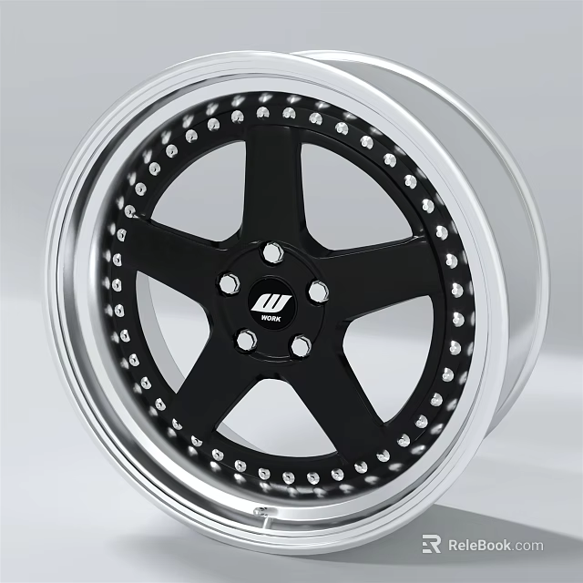 Premium Car Tire Wheel with Black Five Spoke Design and Silver Riveted Rim 3d model 