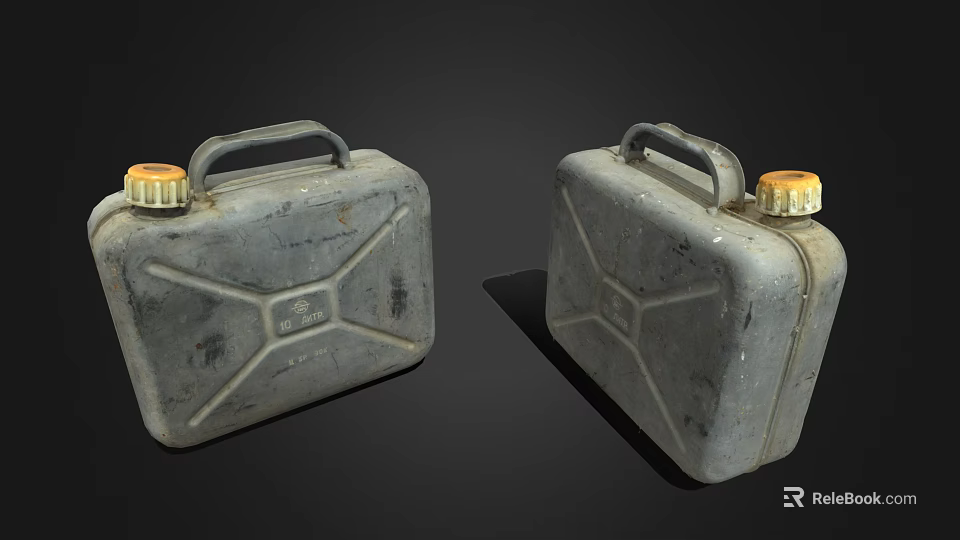 Two Vintage Metal Jerry Cans With Yellow Caps And Handles On Dark Background 3d model