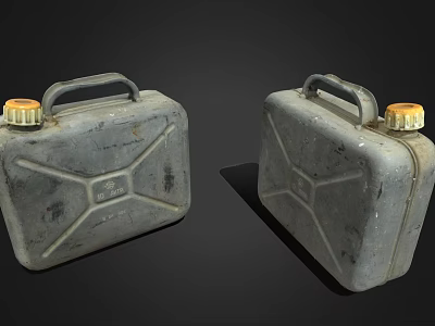 Two Vintage Metal Jerry Cans With Yellow Caps And Handles On Dark Background 3d model
