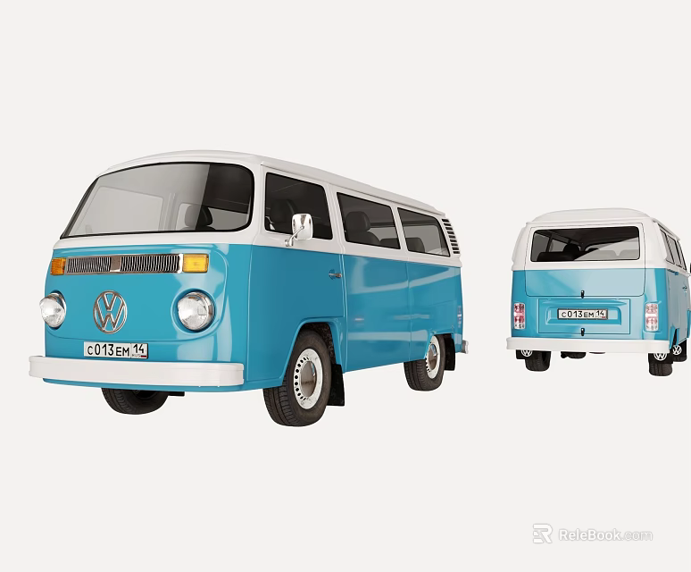Classic Blue And White Volkswagen Bus With Front And Rear Views 3d model 
