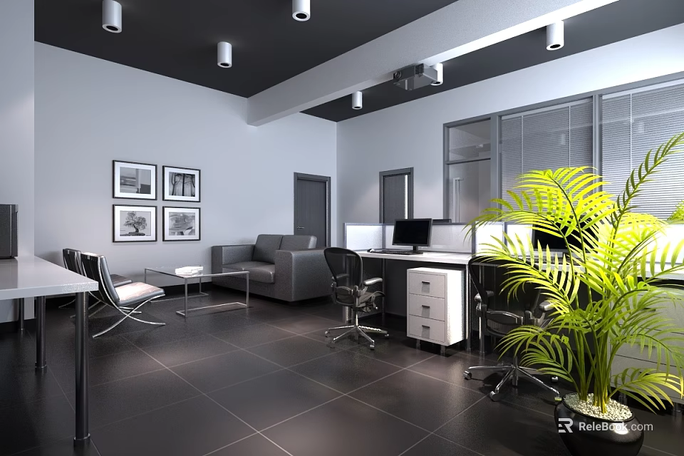 Modern Public Office Space With Desks Chairs Sofa Potted Plant Framed Pictures And Windows 3d model 