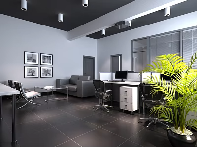 Modern Public Office Space With Desks Chairs Sofa Potted Plant Framed Pictures And Windows 3d model