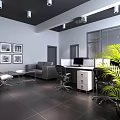 Modern Public Office Space With Desks Chairs Sofa Potted Plant Framed Pictures And Windows