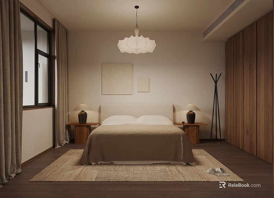 Wooden Floor Bedroom Interior With Chandelier Nightstands Lamps Paintings Rug And Curtains 3d model 