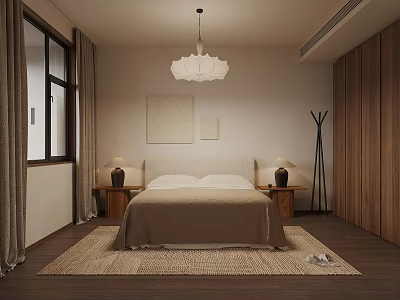 Wooden Floor Bedroom Interior With Chandelier Nightstands Lamps Paintings Rug And Curtains 3d model