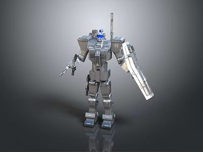 Mechanical Robot Character With Silver Metallic Armor And Weapon Standing On Dark Reflective Surface 3d model