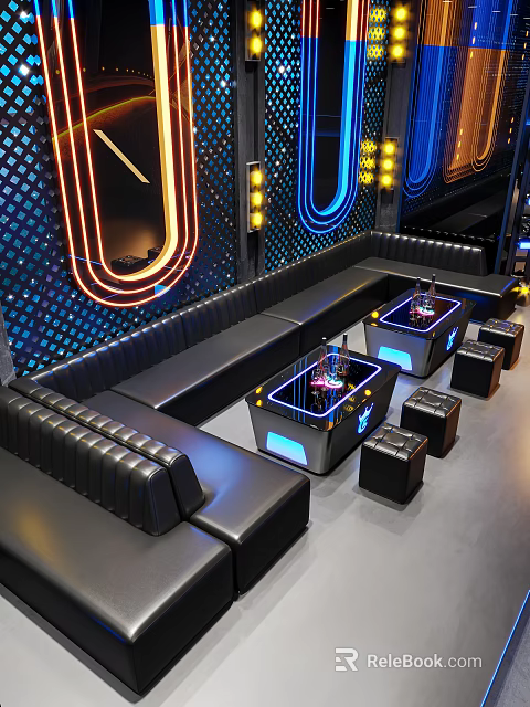 Stylish Bar Interior With Black Leather Sofas Illuminated Tables And Neon Lights 3d model 