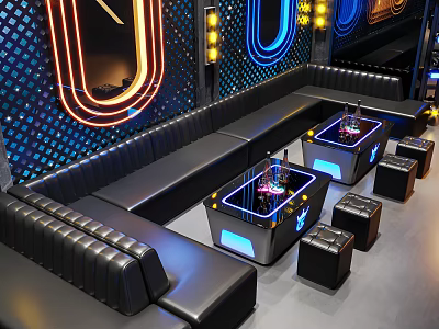 Stylish Bar Interior With Black Leather Sofas Illuminated Tables And Neon Lights 3d model