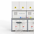 Laboratory Workbench Setup With Upper Cabinets Warning Signs Reagent Bottles And Stools